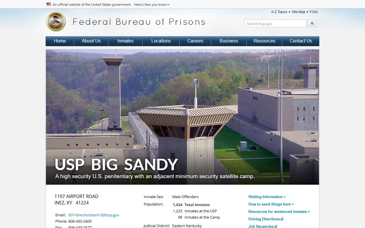Lawrence County inmate search Federal Bureau of Prisons USP Big Sandy